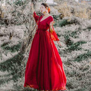 3/4-sleeve Frill Trim Chiffon A-line Maxi Dress