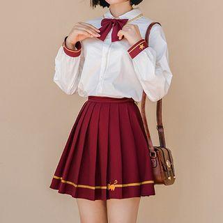 Bow-neck Long-sleeve Shirt / Cat Embroidered Pleated Skirt