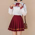 Bow-neck Long-sleeve Shirt / Cat Embroidered Pleated Skirt