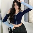 Long-sleeve Cold-shoulder Two-tone Cropped T-shirt Navy Blue - One Size