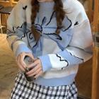 Bow Print Lettering Sweater Light Blue - One Size