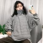 Striped Turtle-neck Long-sleeve Loose-fit Pullover