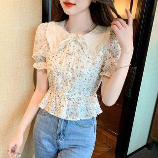 Puff Sleeve Layered Collar Floral Peplum Blouse
