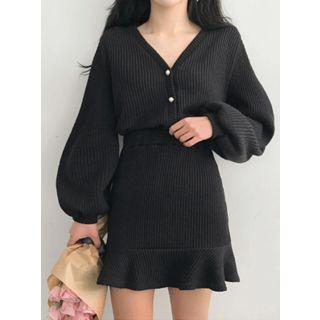 Set: V-neck Faux-pearl Cardigan + Ruffle-hem Knit Skirt