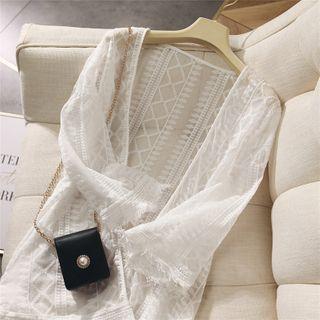 Fringed Trim Embroidered Lace Jacket White - One Size