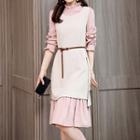 Set: Mock-neck Long-sleeve A-line Dress + Crew-neck Side Slit Long Vest