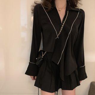 Long-sleeve Contrast Trim Wrap Top / A-line Mini Pleated Skirt