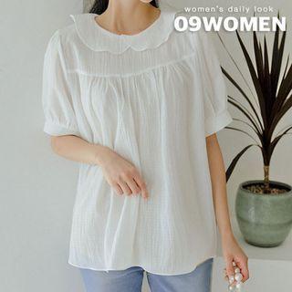 Plus Size Ruffle-collar Shirred Blouse