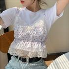 Short-sleeve T-shirt / Spaghetti Strap Floral Print Lace Trim Top