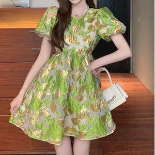 Short-sleeve Metallic Print Mini A-line Dress