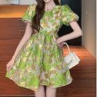 Short-sleeve Metallic Print Mini A-line Dress