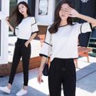 Set: Contrast-trim Elbow-sleeve Top + Cropped Straight-fit Pants