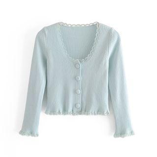 Long-sleeve Lace-up Buttoned Knit Crop Top