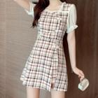 Set: Short-sleeve Plaid Qipao Top + Skirt