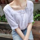 Elbow-sleeve Square-neck Shirred Top