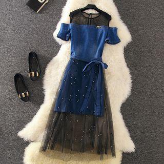 Set: Mesh Panel Cold Shoulder Denim A-line Dress + Embellished Mesh Midi Skirt