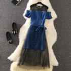 Set: Mesh Panel Cold Shoulder Denim A-line Dress + Embellished Mesh Midi Skirt