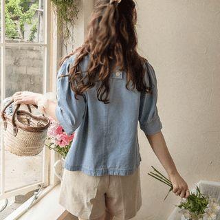 Button-back Denim Blouse Light Blue - One Size