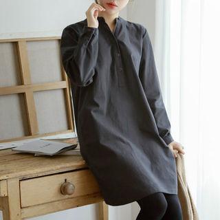 Mandarin-collar Half-placket Boxy Shirtdress