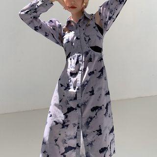 Printed Perforated Long-sleeve Shirtdress