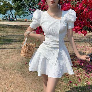 Puff Sleeve Asymmetrical Neck Mini A-line Dress