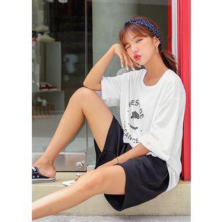 Plus Size Set: Printed T-shirt + Drawstring Sweatshorts