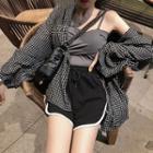 Spaghetti-strap Top / Plaid Shirt Jacket / Drawstring Shorts