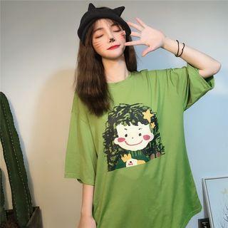 Elbow-sleeve Cartoon Printed T-shirt Green - One Size