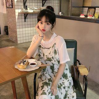 Set: Short-sleeve T-shirt / Floral Strappy Midi Dress T-shirt - White - One Size / Dress - Green & White - One Size
