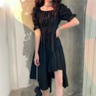 Short-sleeve Lace Up Asymmetrical A-line Dress Black - One Size