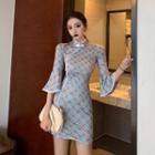 Mandarin Collar Plaid Bell-sleeve Mini Sheath Dress