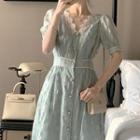 Puff-sleeve Lace Trim Shirred Dress