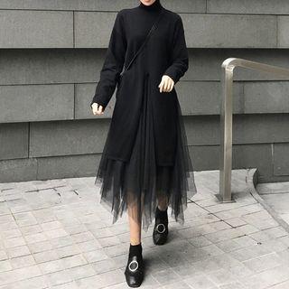 Turtleneck Slit Long Sweater / Midi Mesh Skirt