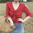 Polka Dot Elbow-sleeve V-neck Chiffon Top