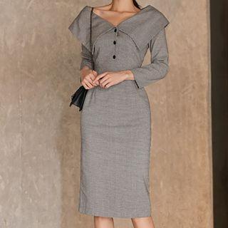 Long-sleeve Placket Midi Sheath Dress