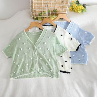 Short-sleeve V-neck Pom Pom Knit Top