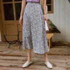 Buttoned Short-sleeve T-shirt / Flower Print Midi A-line Skirt