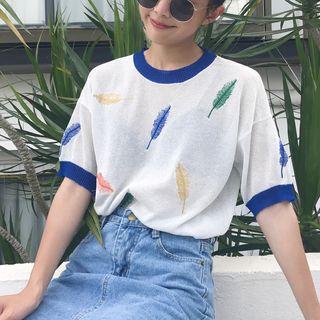 Feather Embroidered Short-sleeve Knit Top