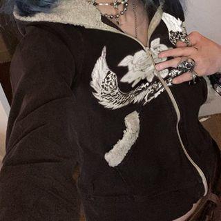 Printed Shearling Zip Up Long Sleeve Hoodie