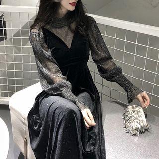 Set: Mock-neck Long-sleeve Top + V-neck Spaghetti Strap Midi A-line Dress