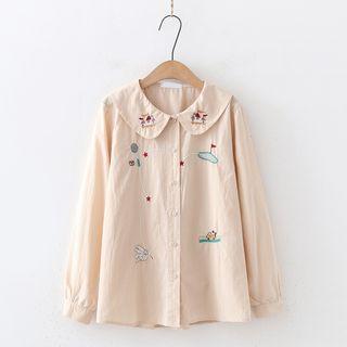 Long-sleeve Wide-collar Embroidered Blouse