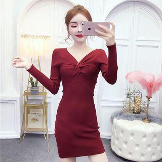Long-sleeve Knotted Mini Sheath Dress