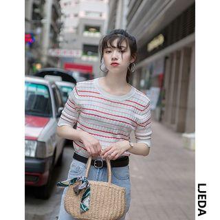 Striped Short-sleeve Knit Top Stripe - Red - One Size