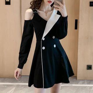Asymmetric Cold-shoulder Double-breasted A-line Dress
