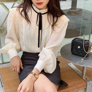 Mock-neck Lace-up Blouse Milky White - One Size