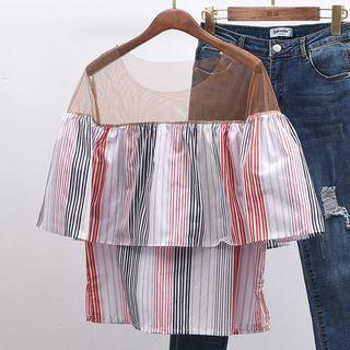 Mesh Panel Striped Short-sleeve Blouse Stripe - Red - One Size
