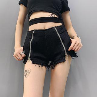 High-waist Frayed Zipper Denim Shorts