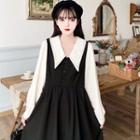 Contrast Stitch Blouse / A-line Midi Overall Dress