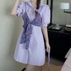 Set: Short-sleeve Mini A-line Shirt Dress + Strappy Floral Print Top Set - Violet - One Size