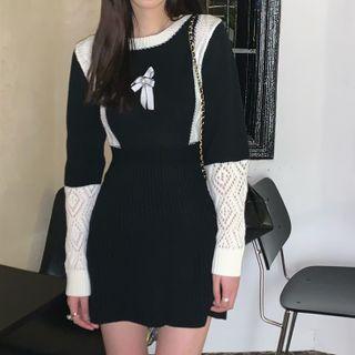 Bow Accent Bodycon Long-sleeve Knit Dress
